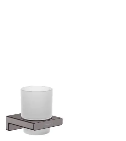Zahnputzbecher mit Halterung in gebürstetem Schwarzchrom, montiert an einer Wand. Entwurf von Hansgrohe für Badezimmer.